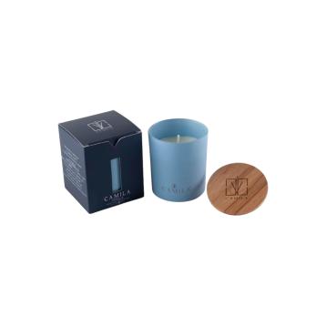 Candela profumata Wood 140 gr. blu avio vaniglia 7,5x  h.8 cm Camila