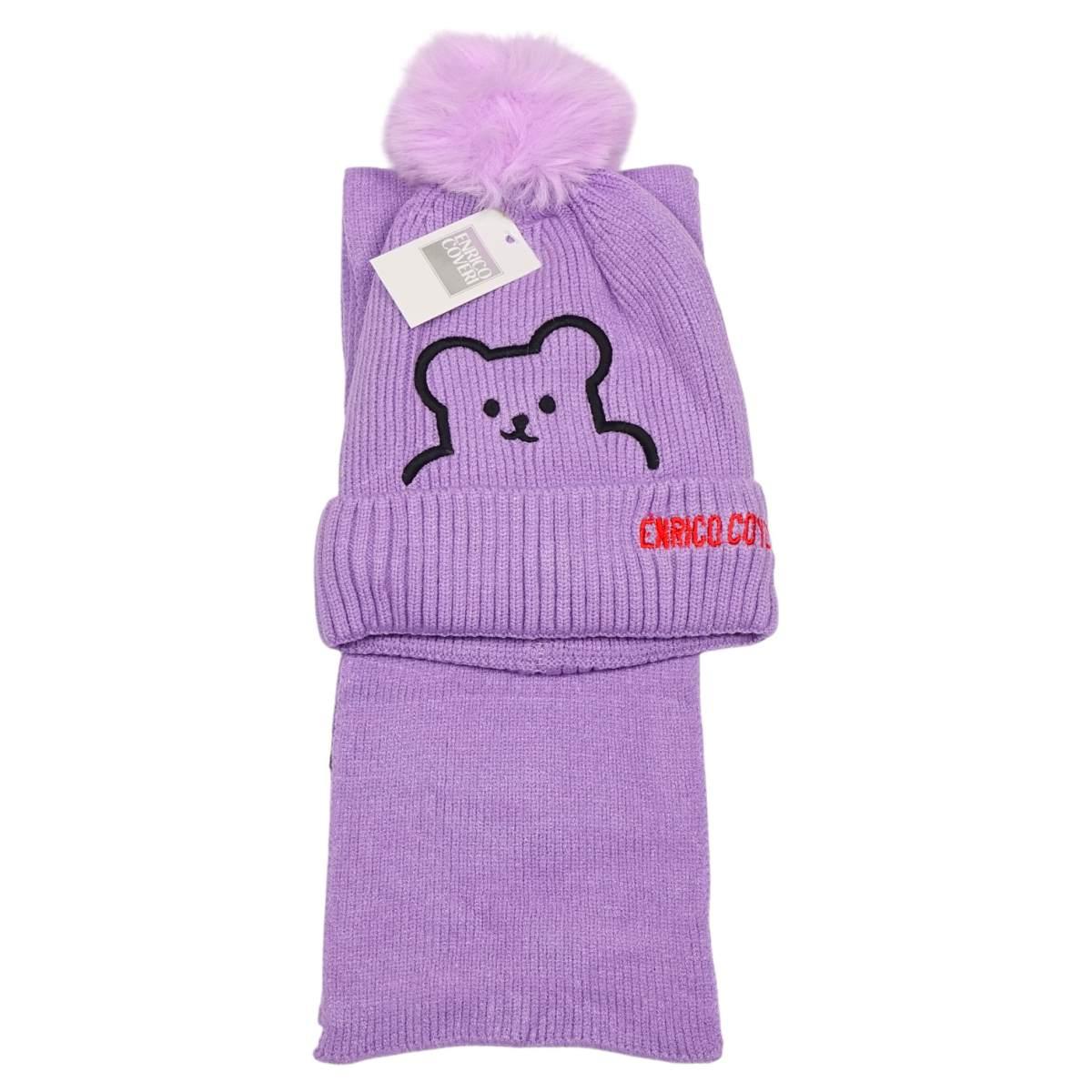 Set bimbo coordinato sciarpa e berretto in acrilico orsetto ricamato Enrico Coveri