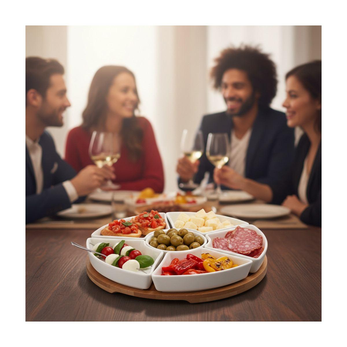 Antipastiera con 6 vaschette in porcellana e vassoio in bamboo d.24,5 cm