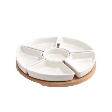 Antipastiera con 6 vaschette in porcellana e vassoio in bamboo d.24,5 cm