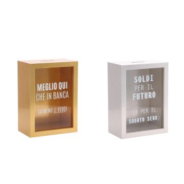 Salvadanaio in mdf e vetro scritte divertenti 13x8x h.16 cm