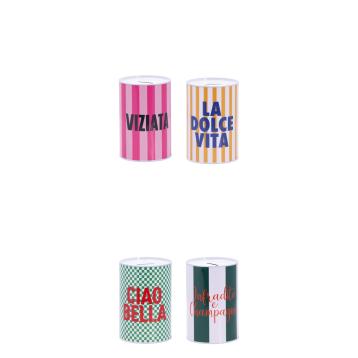 Salvadanaio di latta scritte divertenti d.10x h.15 cm