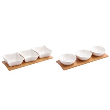 Set 3 ciotole in porcellana bianca con vassoio in bamboo 32x10,5 cm