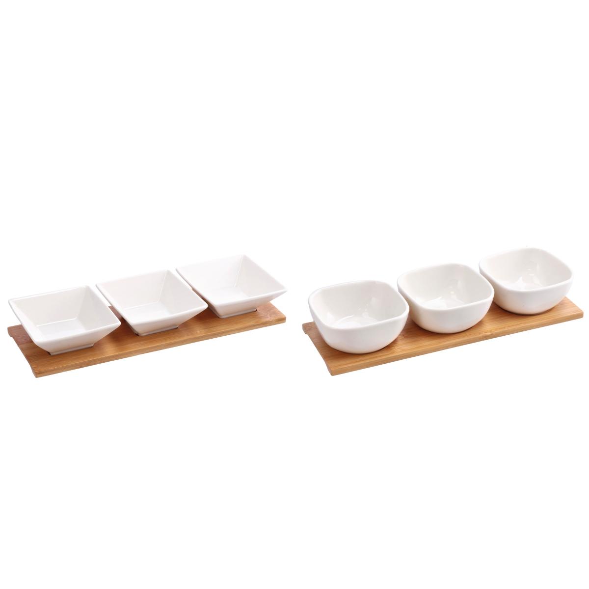 Set 3 ciotole in porcellana bianca con vassoio in bamboo 32x10,5 cm