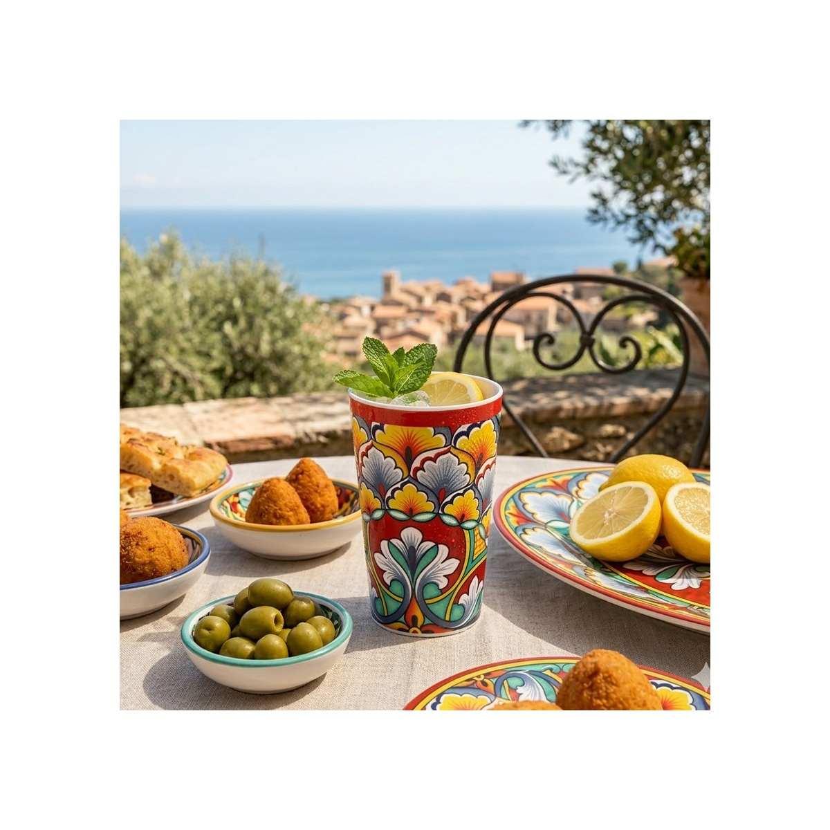 Bicchiere in melamina decorato stile maioliche siciliane Rian 475ml d.8,5x h.13 cm