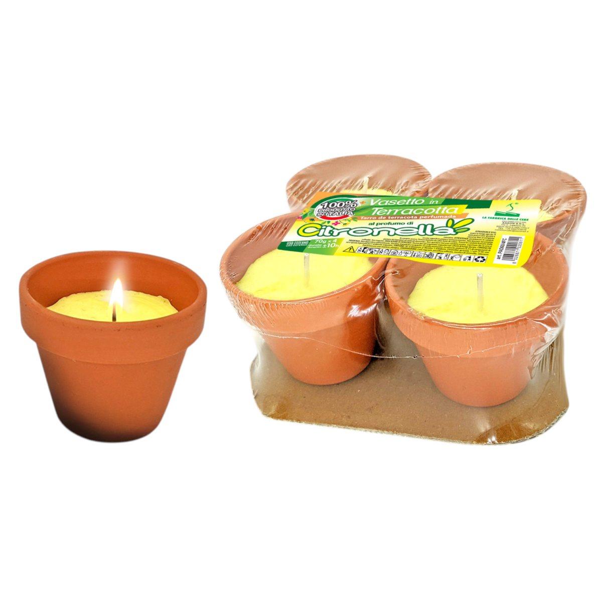 Confezione 4 candele vasetti in terracotta alla citronella d.7x h.6 cm Made in Italy