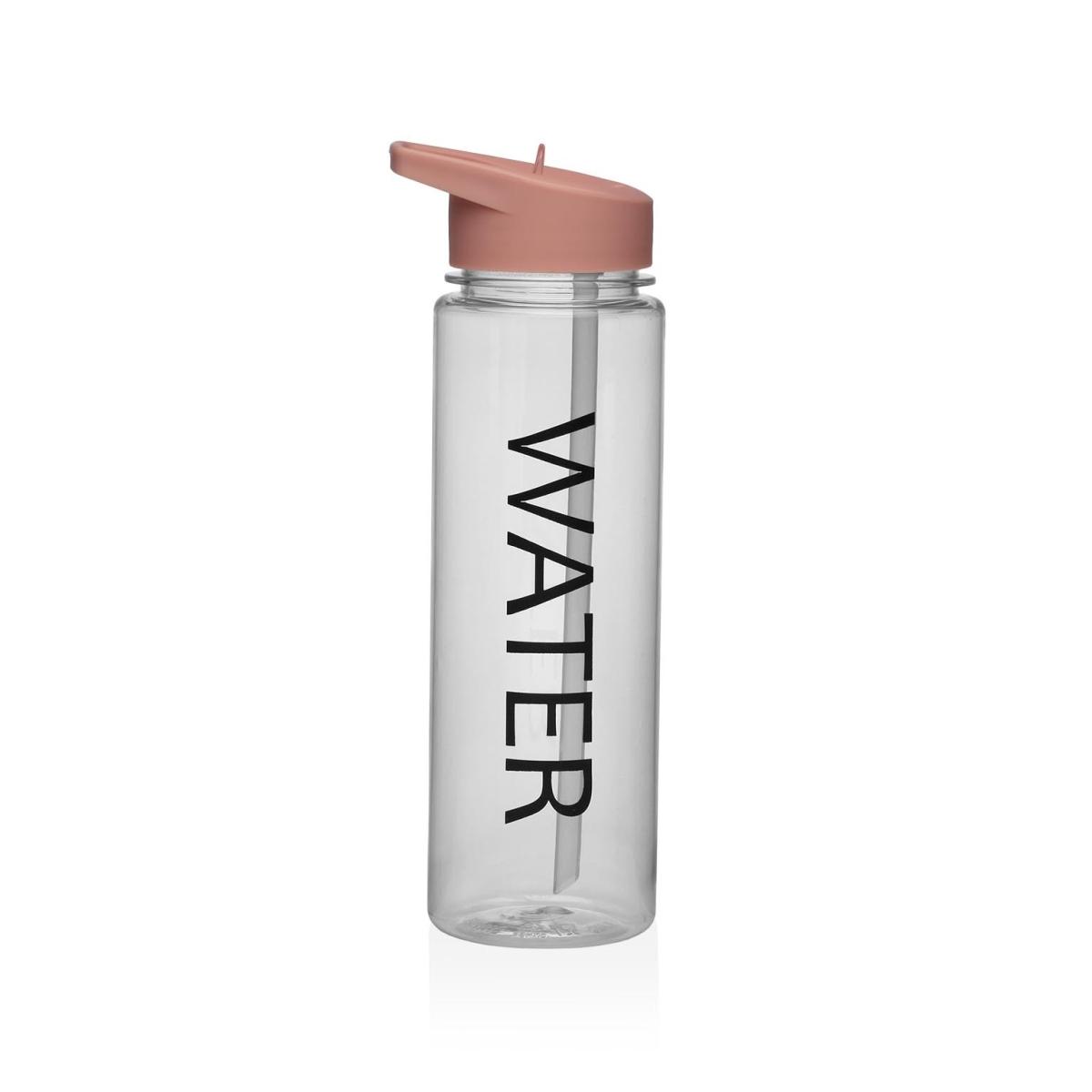 Borraccia con cannuccia e scritta Water 650 ml trasparente rosa