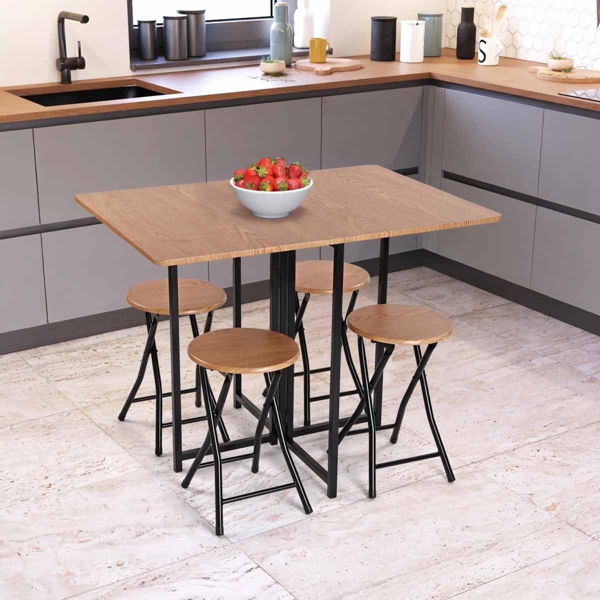 Set tavolo pieghevole con 4 sedie legno e acciaio
