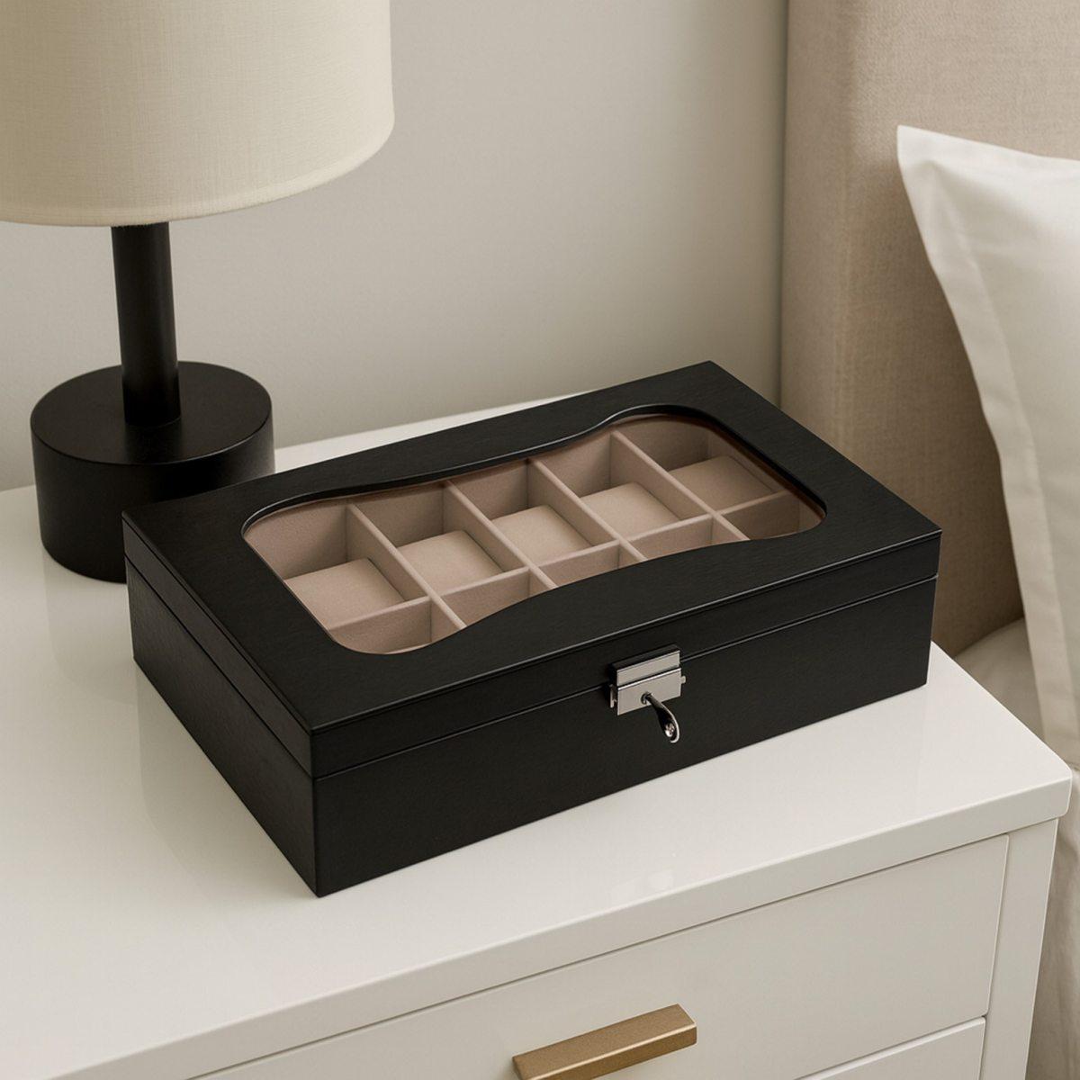 Scatola portaorologi in mdf nero 12 posti con finestra