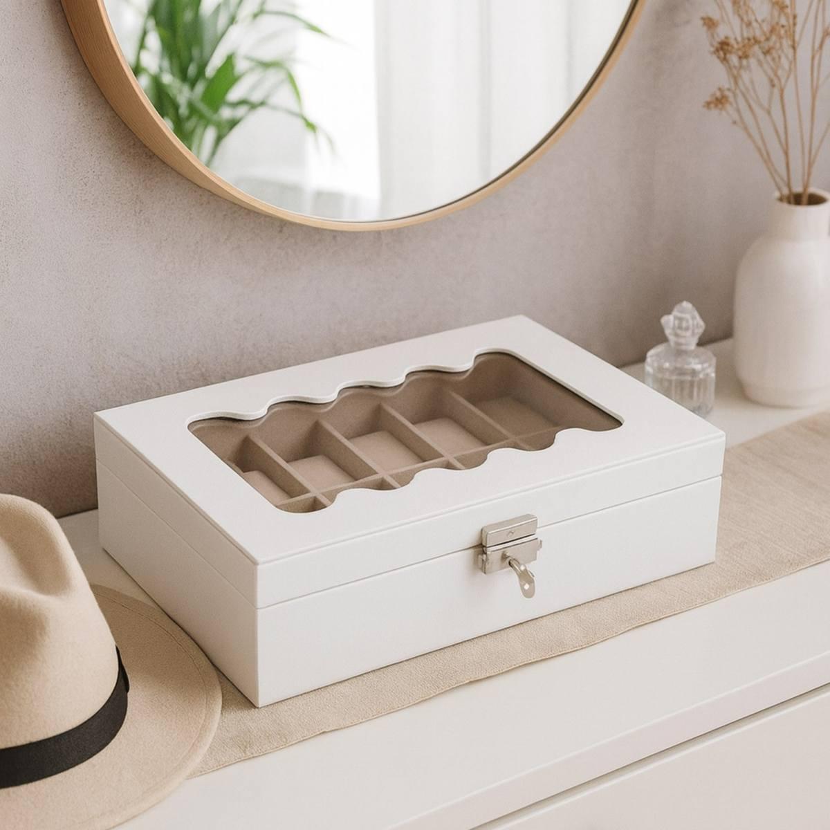 Scatola portaorologi in mdf bianco 12 posti con finestra