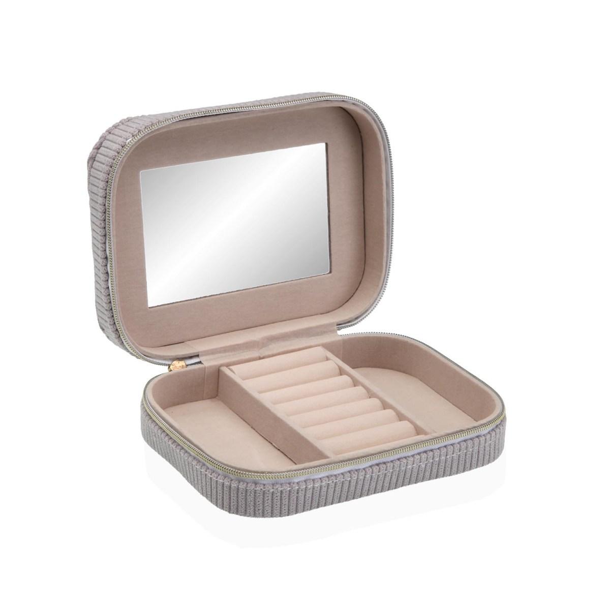 Scatola portagioie in velluto grigio chiusura cerniera con specchio