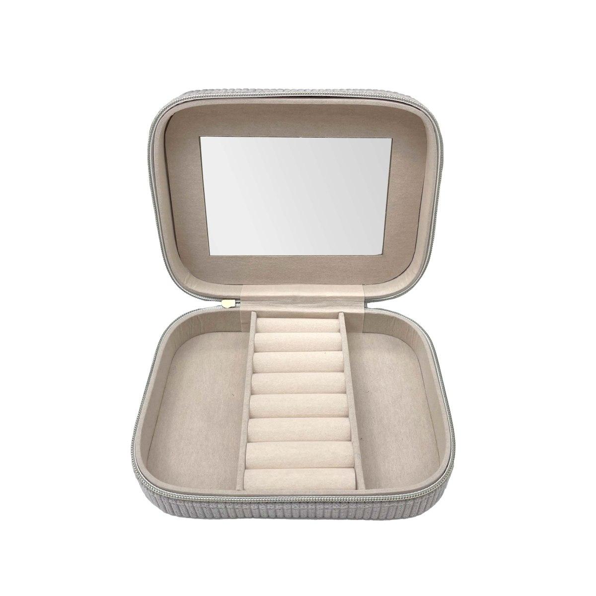 Scatola portagioie in velluto grigio chiusura cerniera con specchio