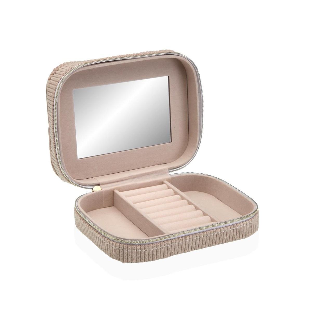 Scatola portagioie in velluto beige chiusura cerniera con specchio