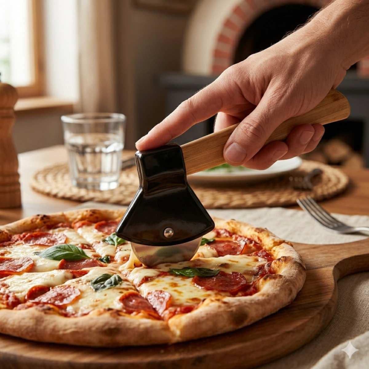 Rotella taglia pizza in acciaio modello ascia manico in bamboo 21,5x10 cm