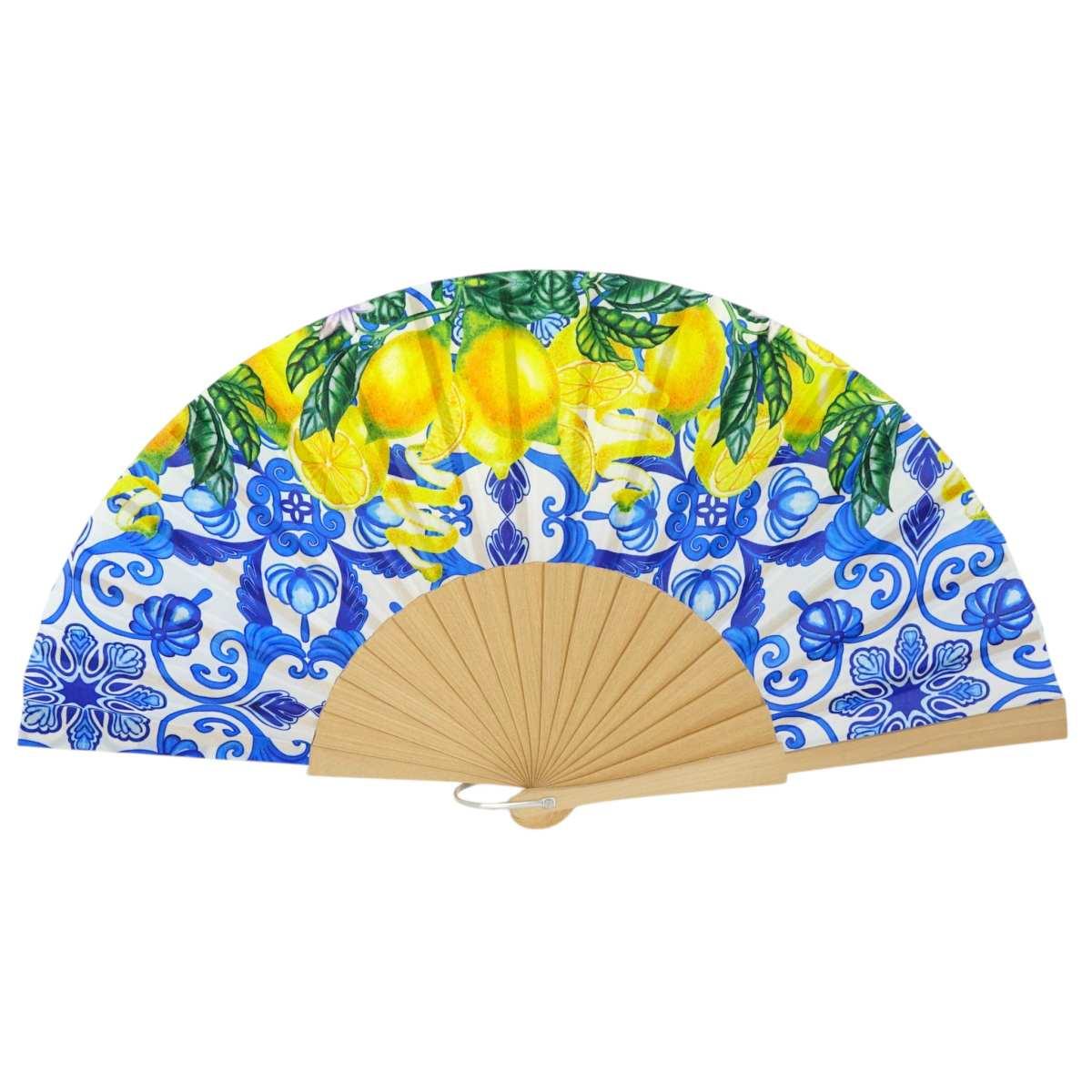 Ventaglio in tessuto stampa limoni e maiolica siciliana d.43 cm