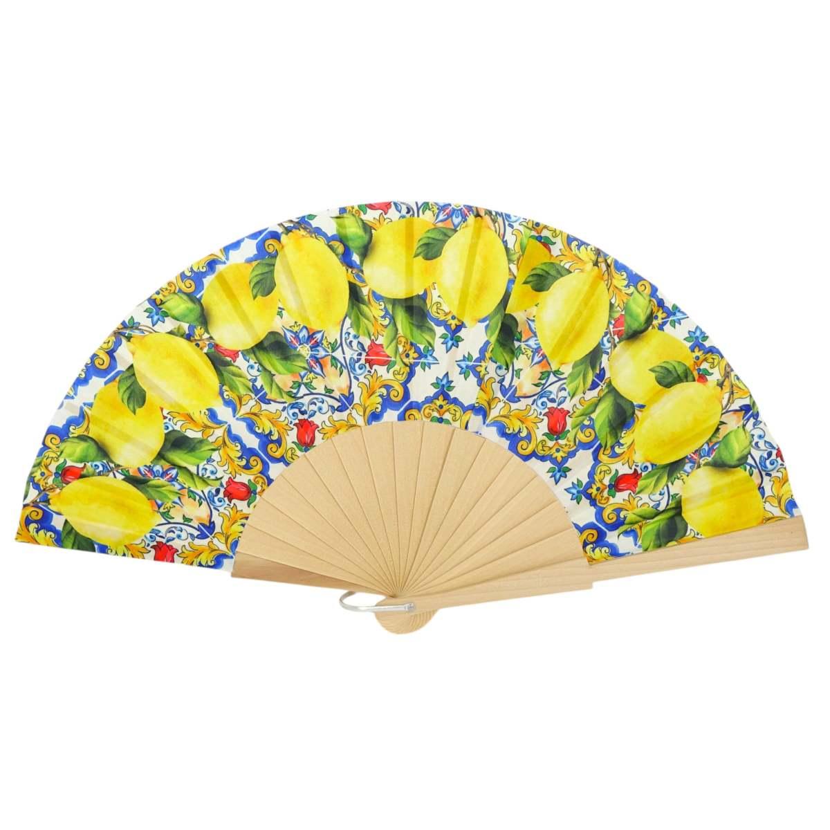 Ventaglio in tessuto stampa limoni e maiolica siciliana d.43 cm