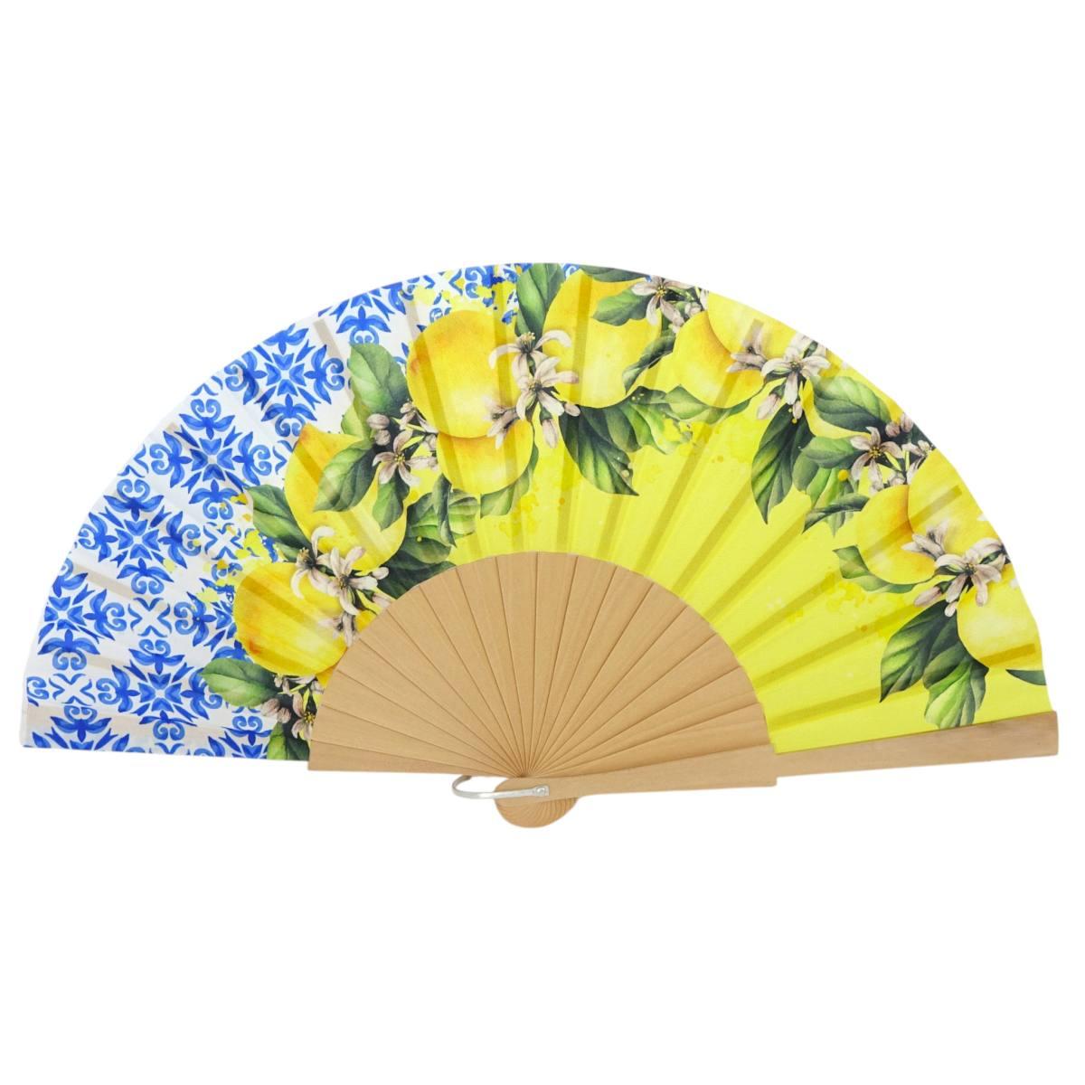 Ventaglio in tessuto stampa limoni e maiolica siciliana d.43 cm