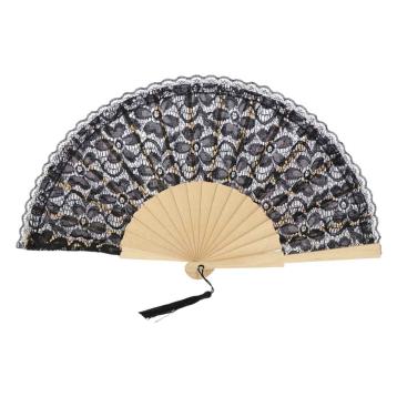 Ventaglio in pizzo floreale nero e nappina decorativa d.43 cm