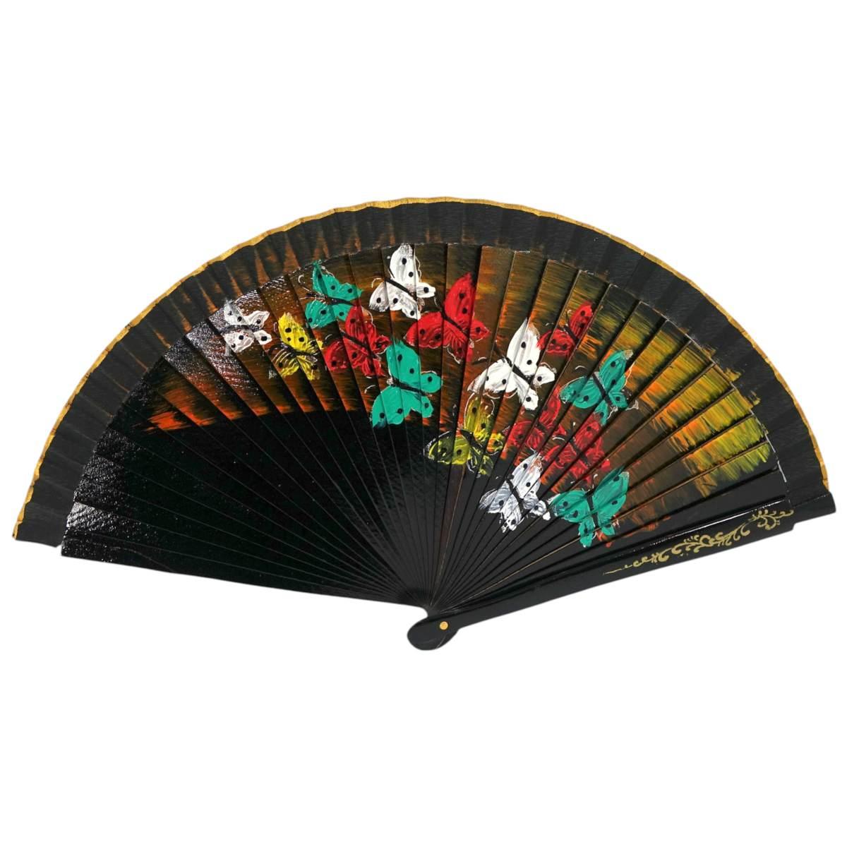 Ventaglio in legno dipinto a mano con decorazione farfalle colori assortiti d.43 cm