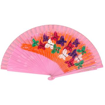 Ventaglio in legno dipinto a mano con decorazione farfalle colori assortiti d.43 cm