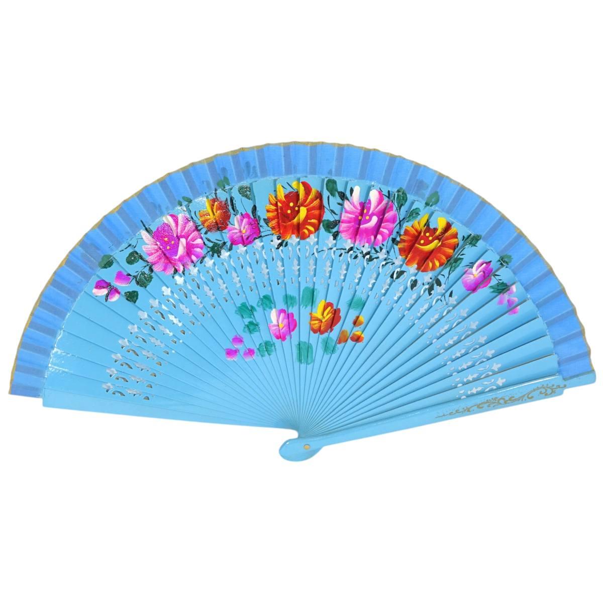Ventaglio in legno dipinto a mano decorazione floreale colori assortiti d.43 cm