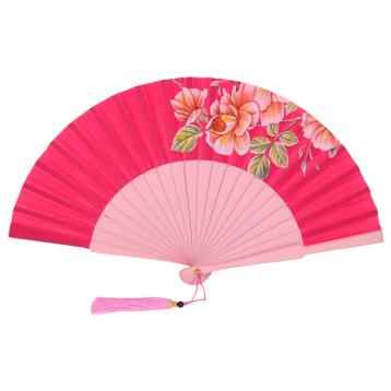 Ventaglio bicolore rosa stampa floreale e nappina decorativa d.34 cm