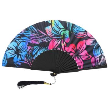 Ventaglio con stampa floreale colorata e nappina decorativa d.34 cm