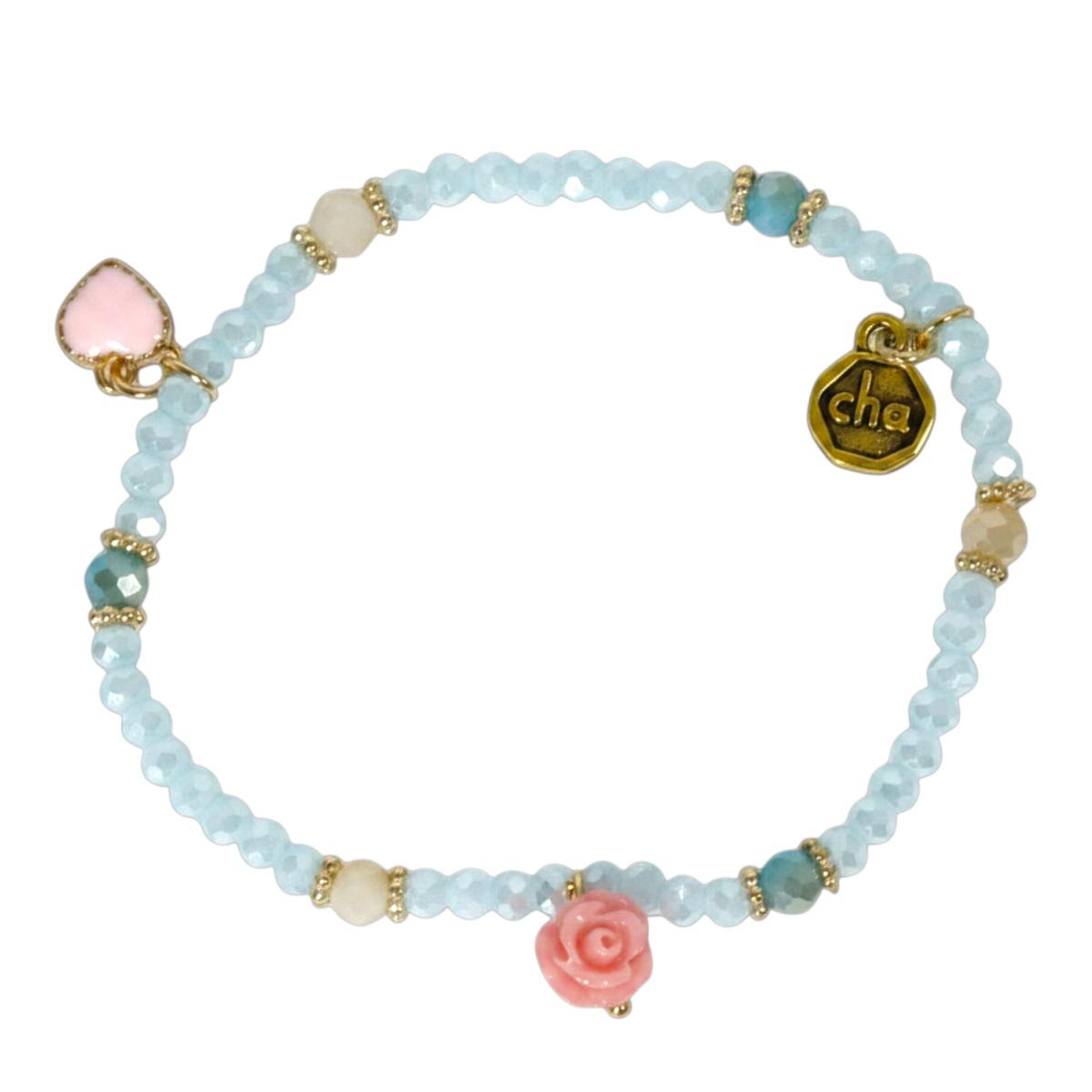 Bracciale donna con pietre in vetro acqua marina chiara con rosa