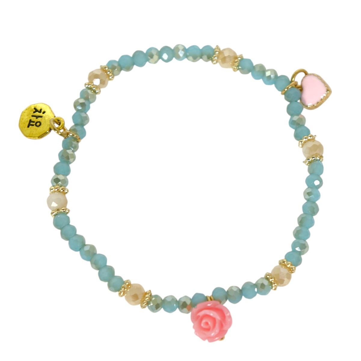 Bracciale donna con pietre in vetro acqua marina scura con rosa