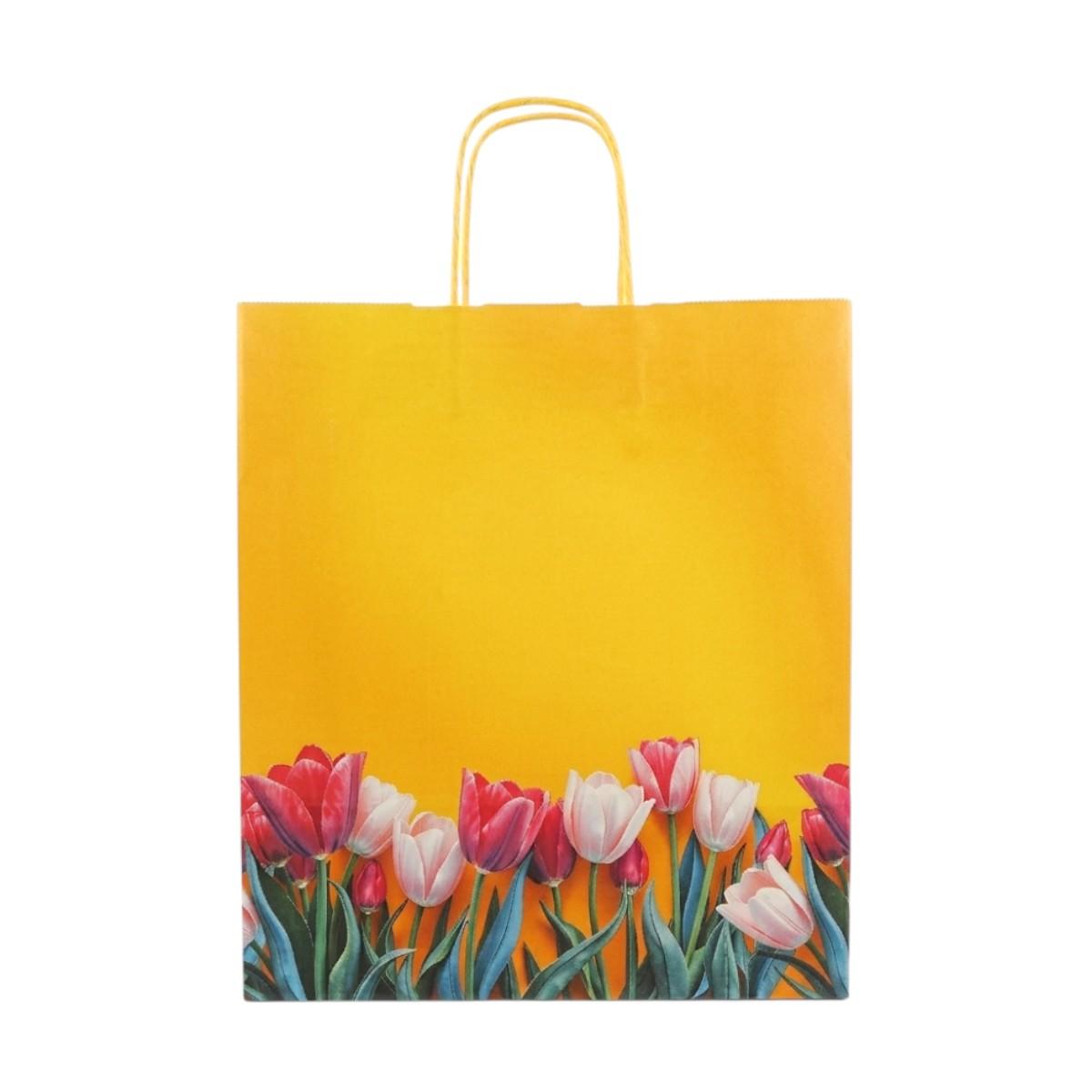 Shopper in carta l.45 x p.15 x h.49 cm fantasia tulipani con maniglia ritorta