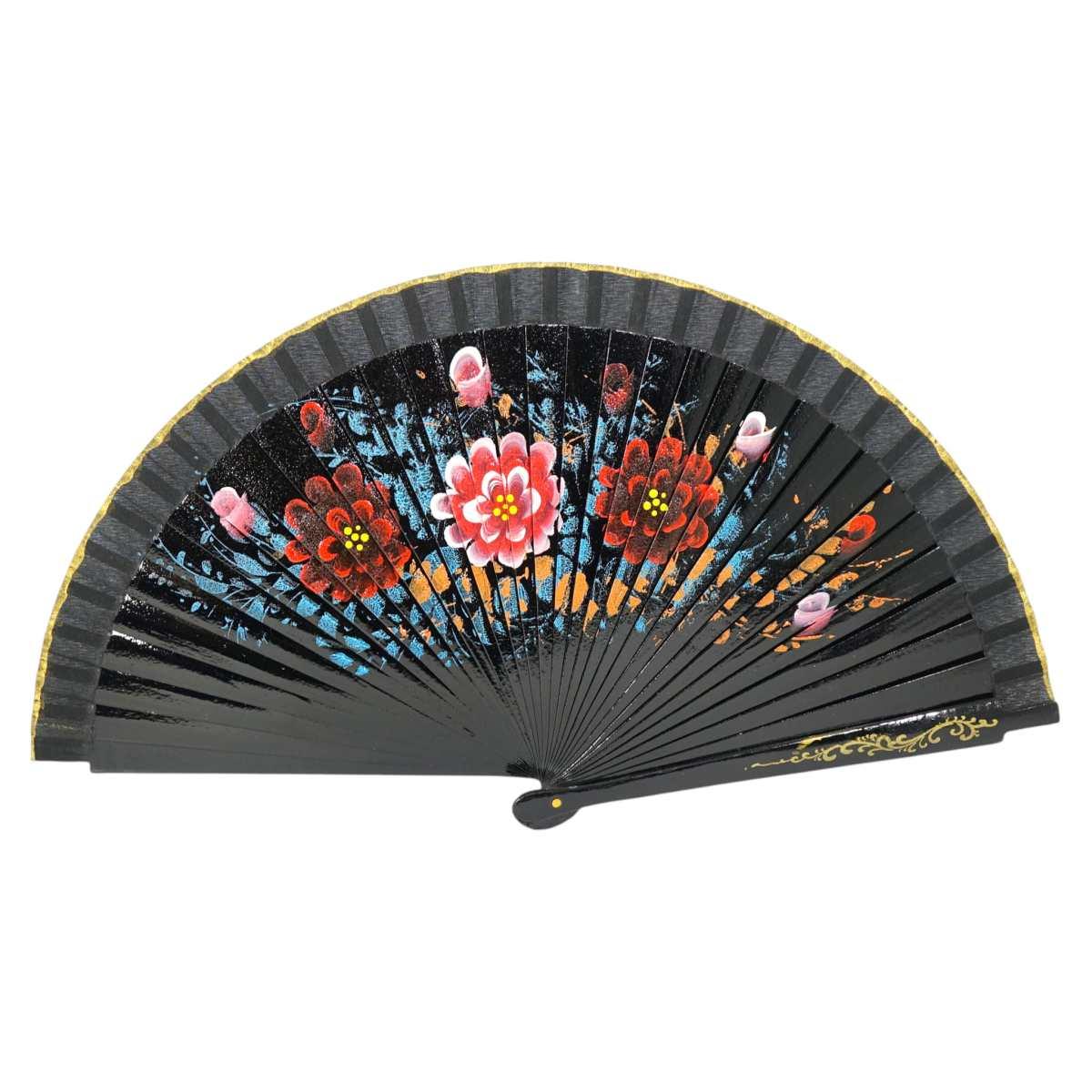 Ventaglio in legno dipinto a mano decorazione floreale colori assortiti d.42 cm