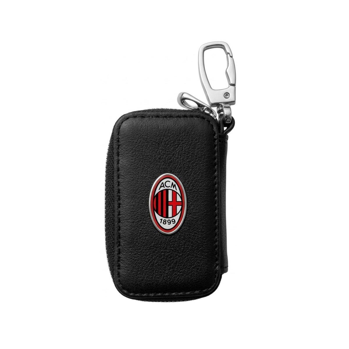 Portachiavi in pelle con zip e placchetta in metallo in box ufficiale Milan