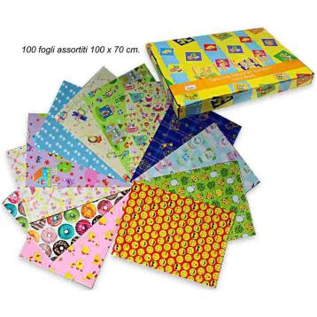 Confezione 100 fogli carta da regalo fantasia assortita bambino 70x100 cm