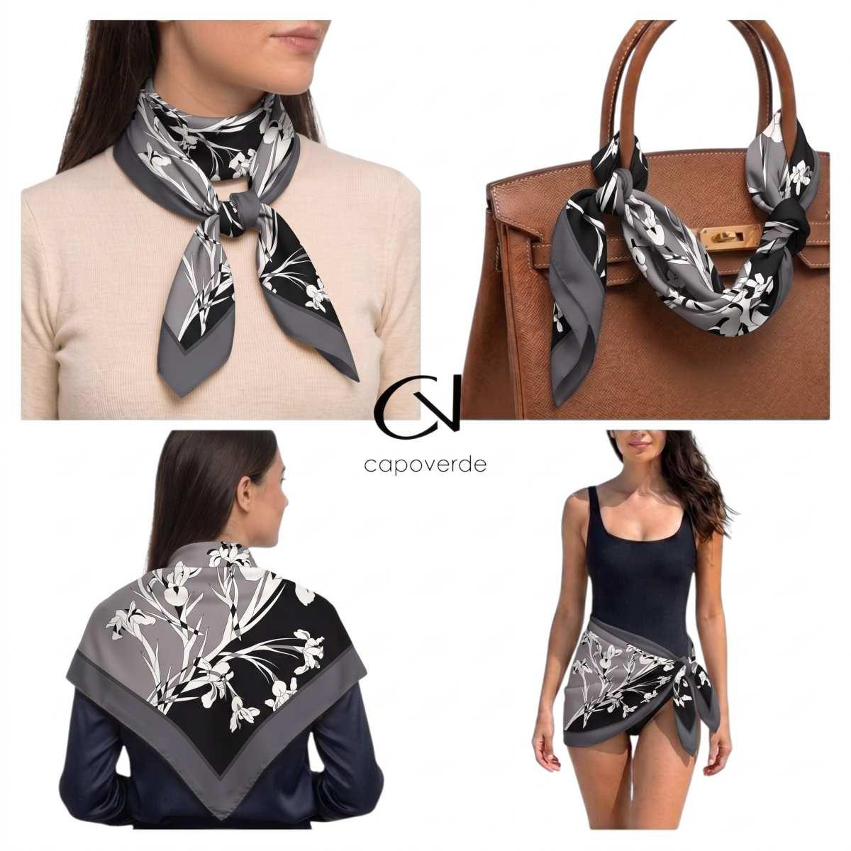 Foulard donna in seta motivo floreale a contrasto Capoverde