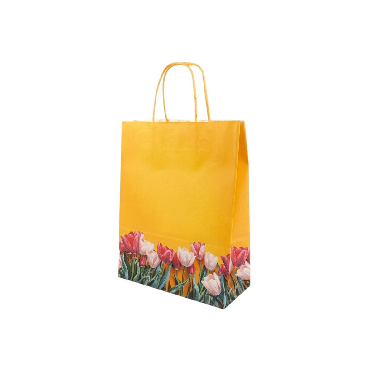 Shopper in carta h.29 x l.22 x p.10 cm fantasia tulipani con maniglia ritorta