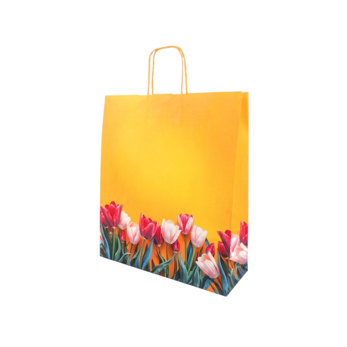 Shopper in carta h.41 x l.36 x p.12 cm fantasia tulipani con maniglia ritorta