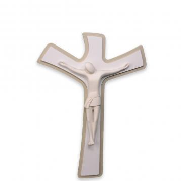 Cristo stilizzato bianco su croce legno bianco tortora 18x25 cm