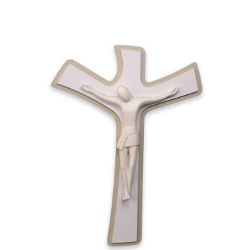 Cristo stilizzato bianco su croce legno bianco tortora 18x25 cm