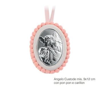 Medaglione angelo custode con pon pon e carillon rosa 9x12 bcm