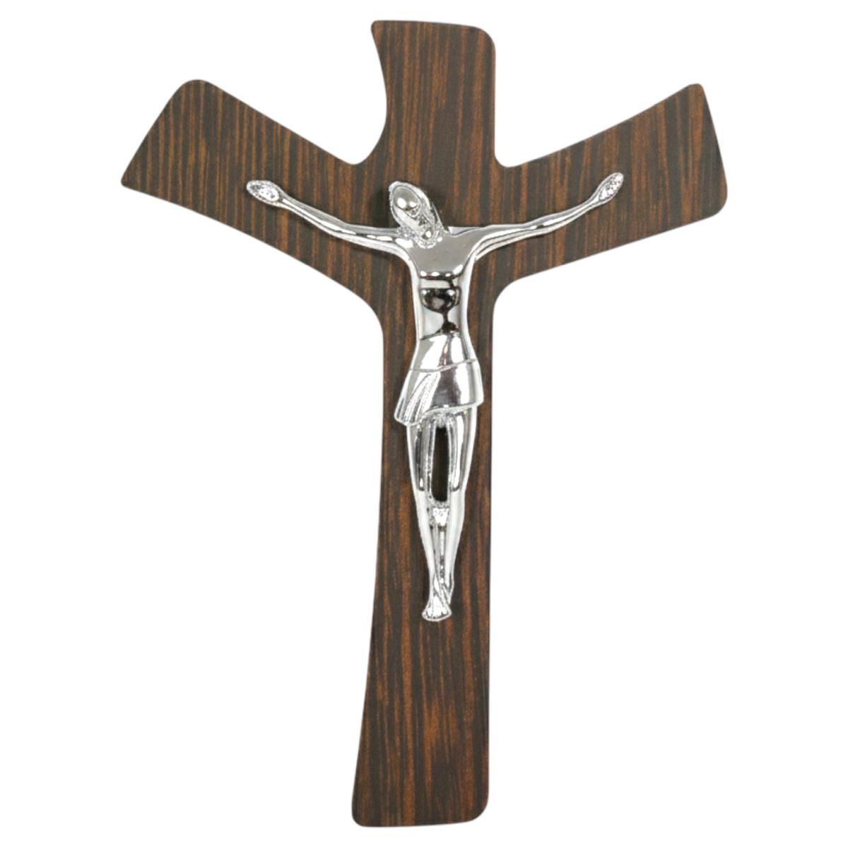 Cristo crocifisso stilizzato argento su croce in legno wengè 19x32 cm
