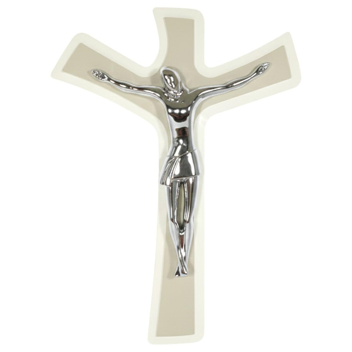 Cristo crocifisso stilizzato argento su croce in legno 19x32 bianco/tortora