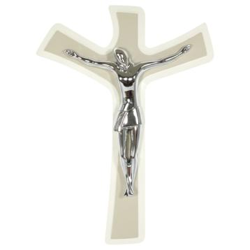 Cristo crocifisso stilizzato argento su croce in legno 19x32 bianco/tortora