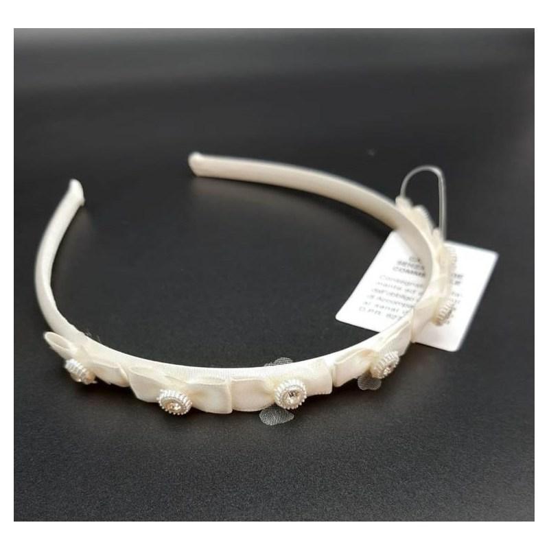 Cerchietto baby avorio con fiocchi + strass, poliestere