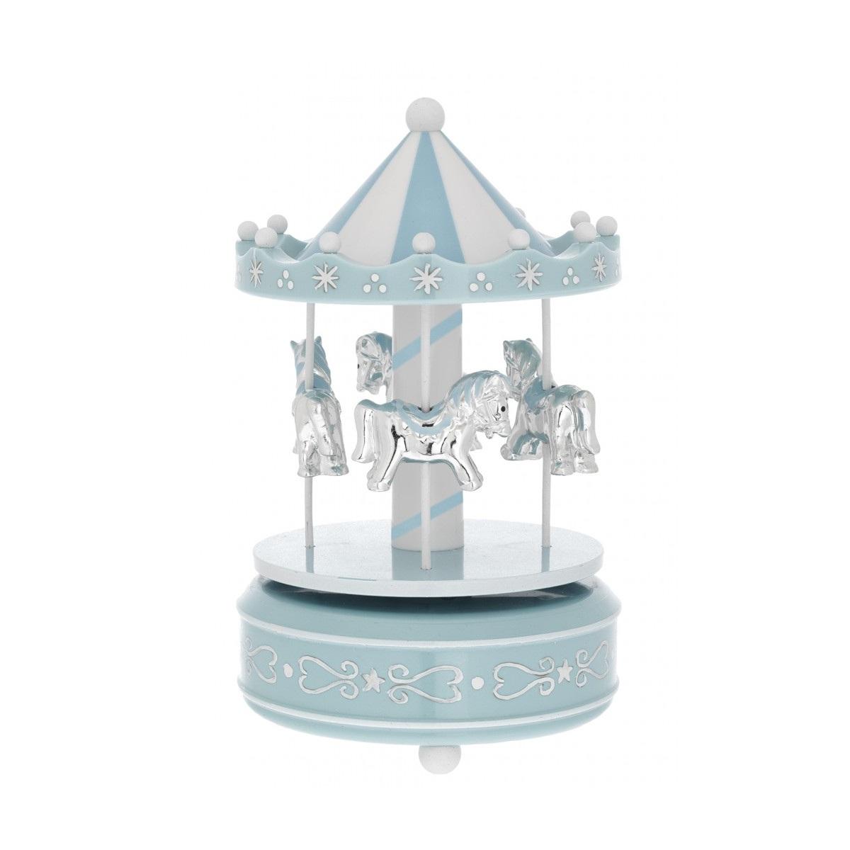 Giostra bimbo azzurra in acrilico con cavalli e carillon musicale Bagutta