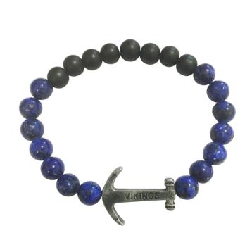 Bracciale di pietre nere e blu con elastico simbolo ancora