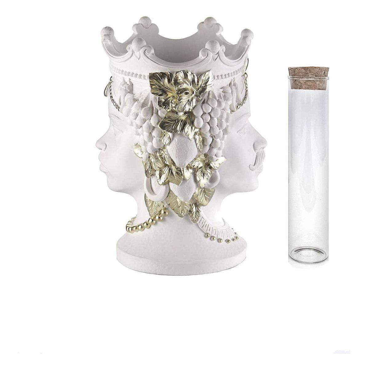 Vasetto monofiore con bocetta portaessenze Testa di Moro bianco platino h.14 cm Valenti
