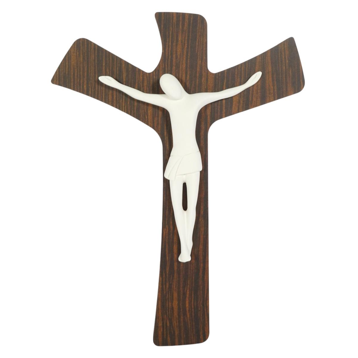 Cristo crocifisso stilizzato bianco su croce in legno wengè 19x32 cm