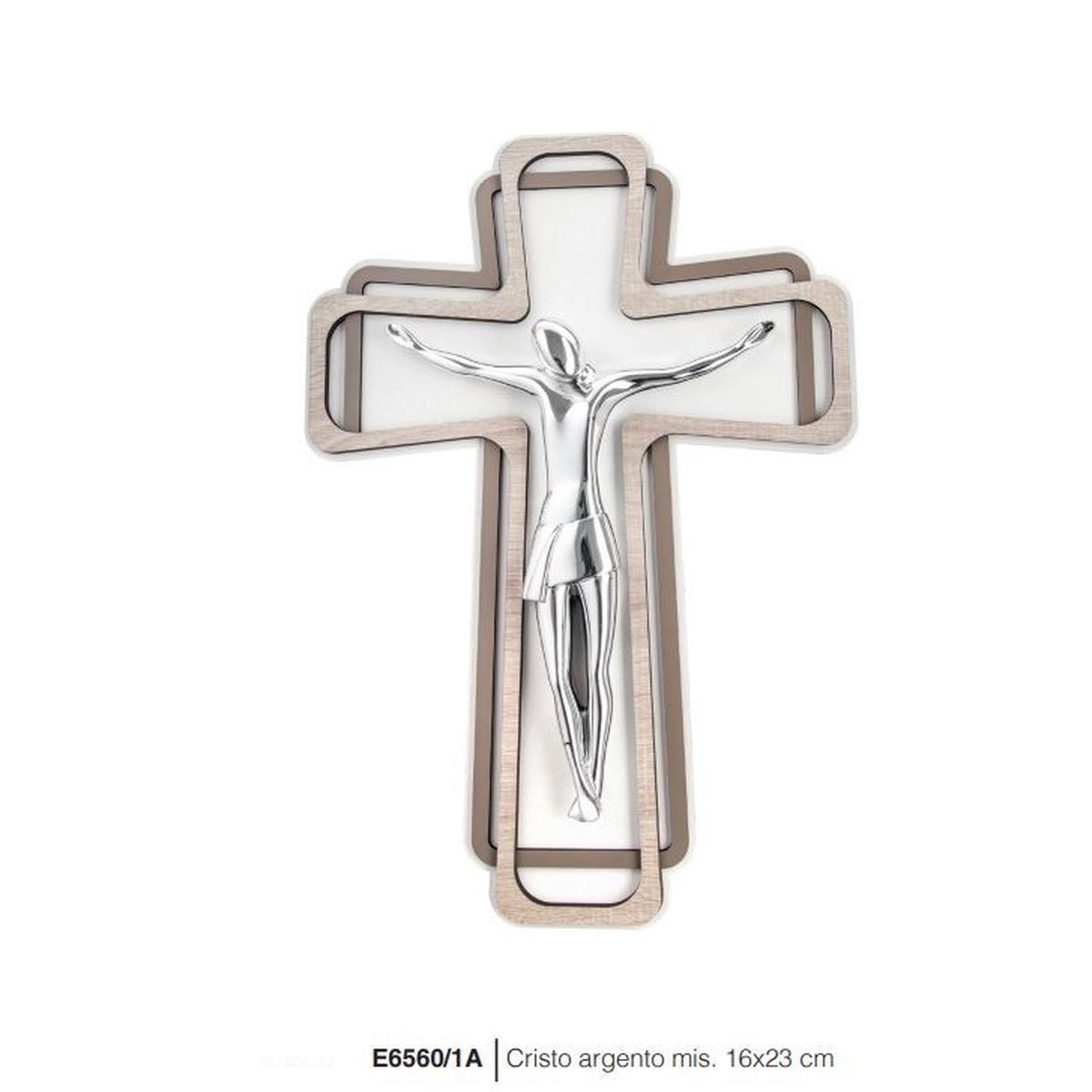 Cristo stilizzato argento su croce legno 16X23