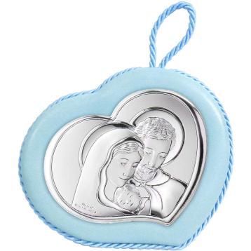 Medaglione culla 10x9 cm con carillon Sacra Famiglia celeste Valenti