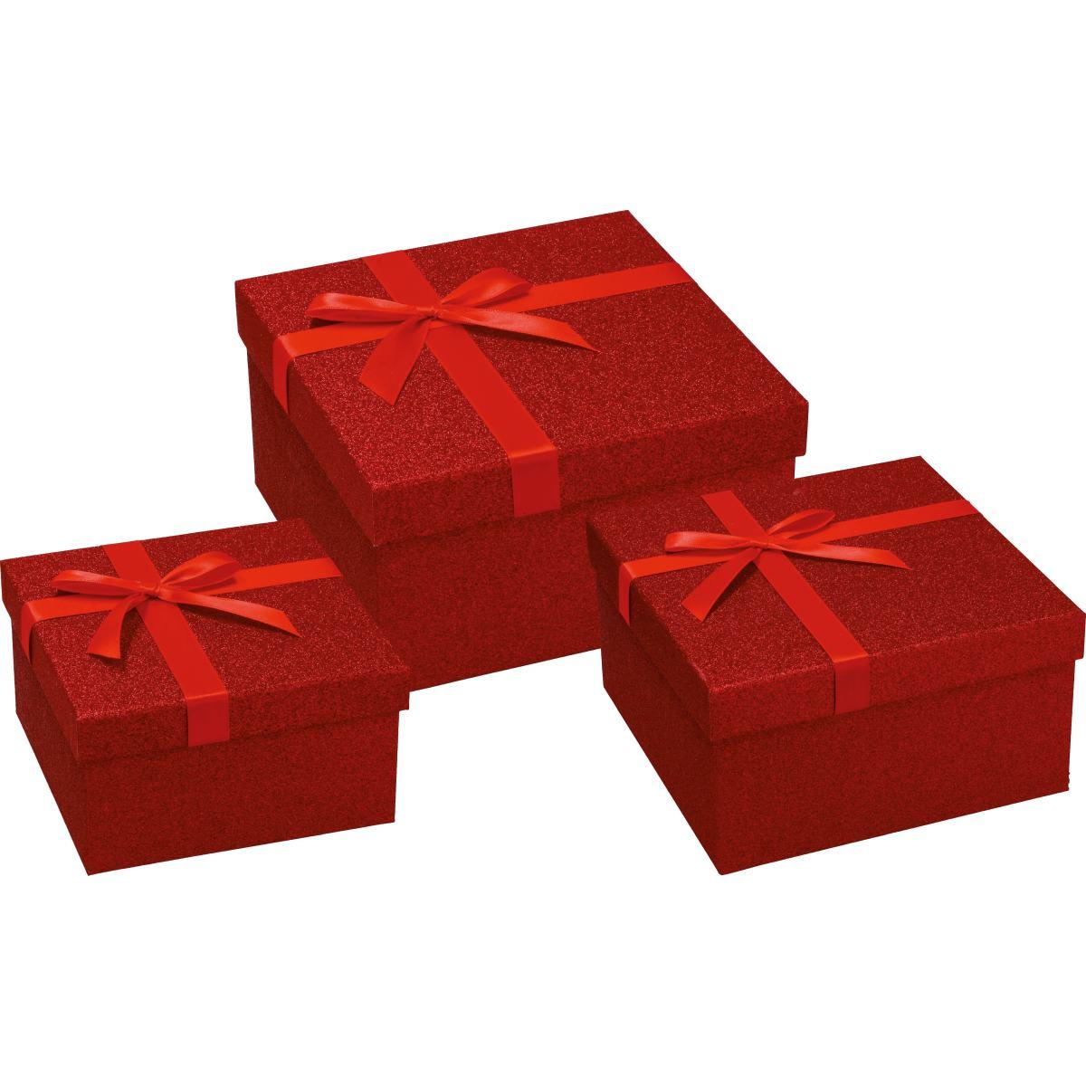 Set 3 scatole natalizie quadrate in cartone e nastro rosso